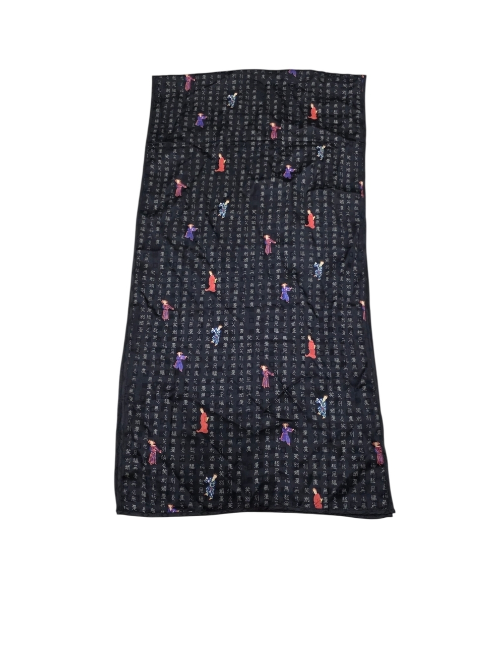 Black Rectangular Scarf with Colorful Figure Motif And Chinese Characters